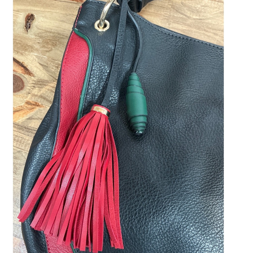 Hobo Bag Women Large Black Red Green Stripe Tassel Vegan Leather - Picture 5 of 9